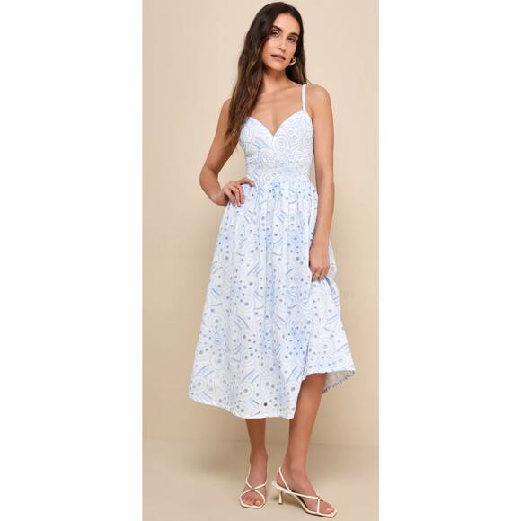 New! Lulu's Wm'S Sunny Poise White Cotton Eyelet Blue on White Midi Dress L# 50 - Picture 4 of 10